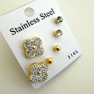 3 Pair set Four leaf Clover Earrings Gold Stainless Steel Studs